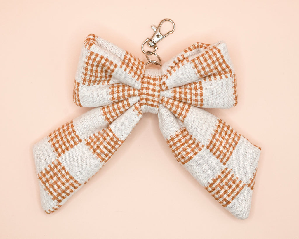 Caramel & Ivory Gingham Check Puffy Bow Keychain & Bag Charm